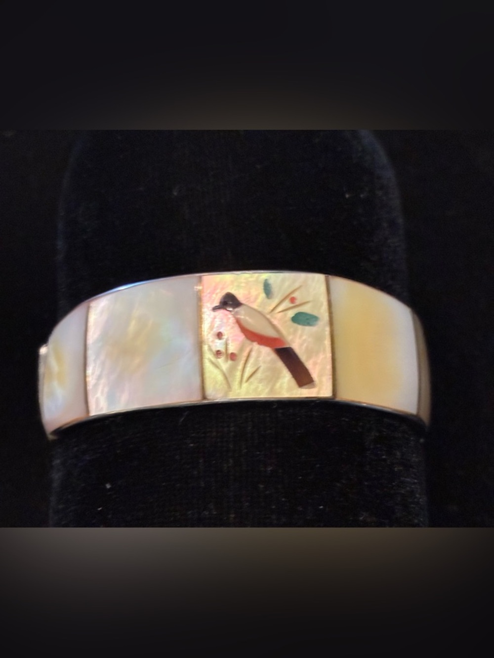 Vintage EUC Mother of Pearl Inlay Bird Cuff Bracelet - Silver Tone